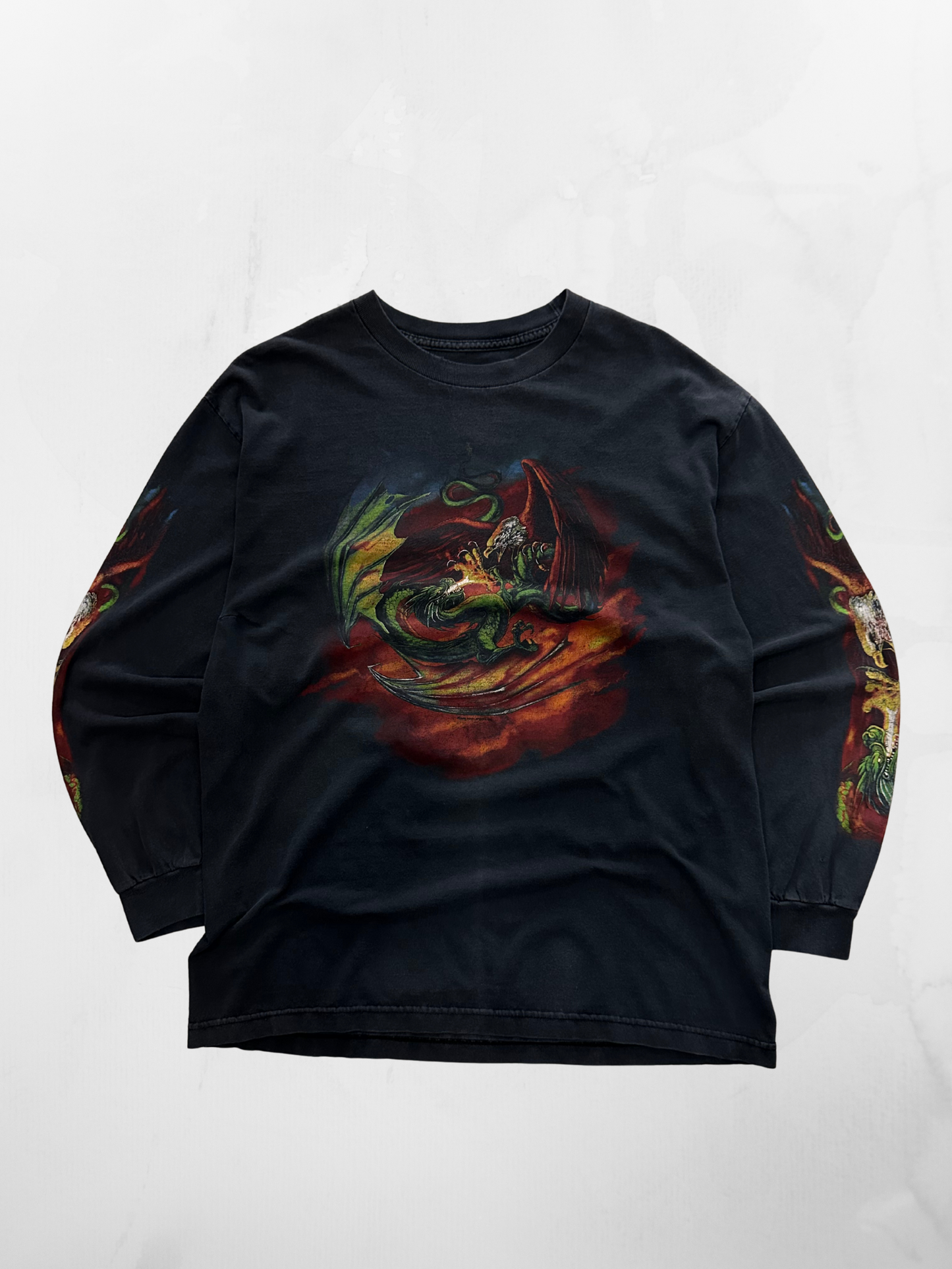 Dragon Fighting Eagle Faded Black Longsleeve T-shirt (L)